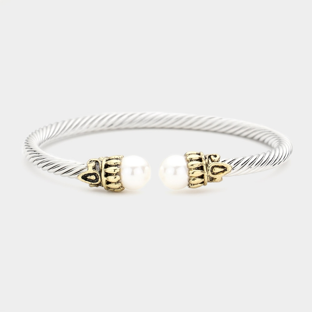 White Pearl Tip Twisted Cable Rope Style Cuff Bracelet Bangle Metal Accessory